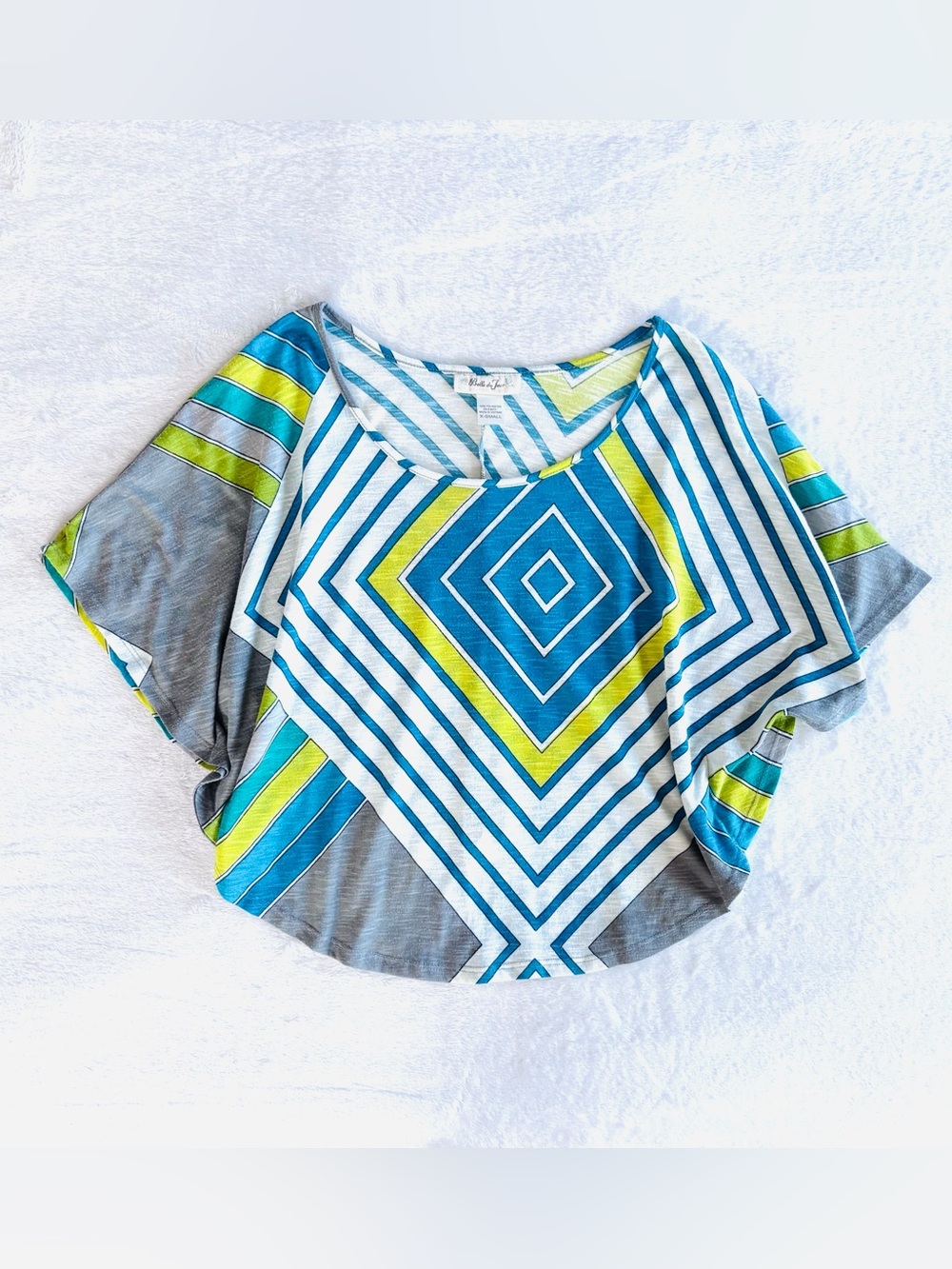 Flowy Cropped Short Sleeve Shirt, Colorful Bright Geometric Pattern, Size XS